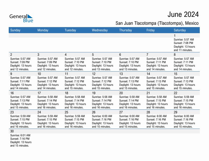 San Juan Tlacotompa (Tlacotompa) June 2024 sunrise and sunset calendar in PDF, Excel, and Word