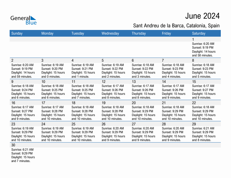 Sant Andreu de la Barca June 2024 sunrise and sunset calendar in PDF, Excel, and Word