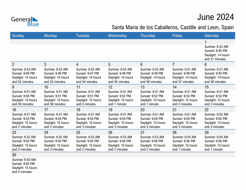 Santa Maria de los Caballeros June 2024 sunrise and sunset calendar in PDF, Excel, and Word