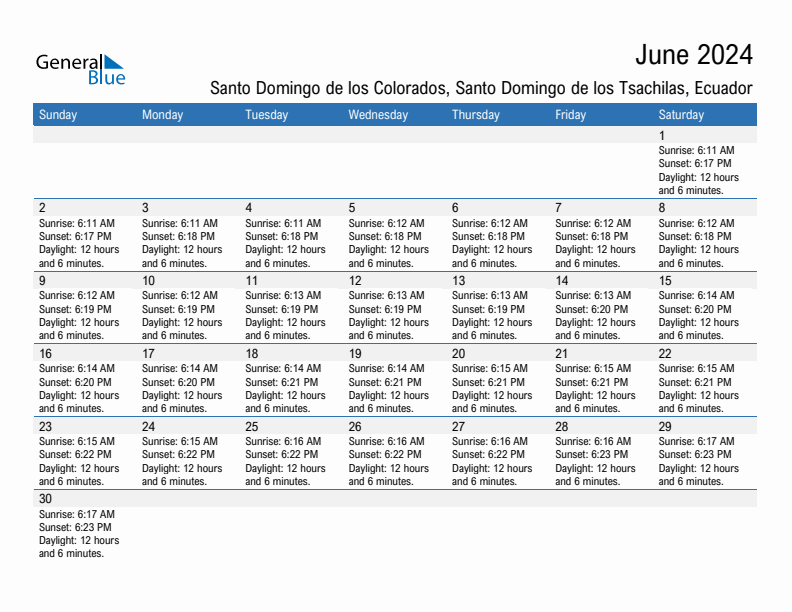 Santo Domingo de los Colorados June 2024 sunrise and sunset calendar in PDF, Excel, and Word