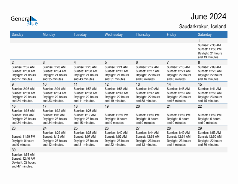 Saudarkrokur June 2024 sunrise and sunset calendar in PDF, Excel, and Word