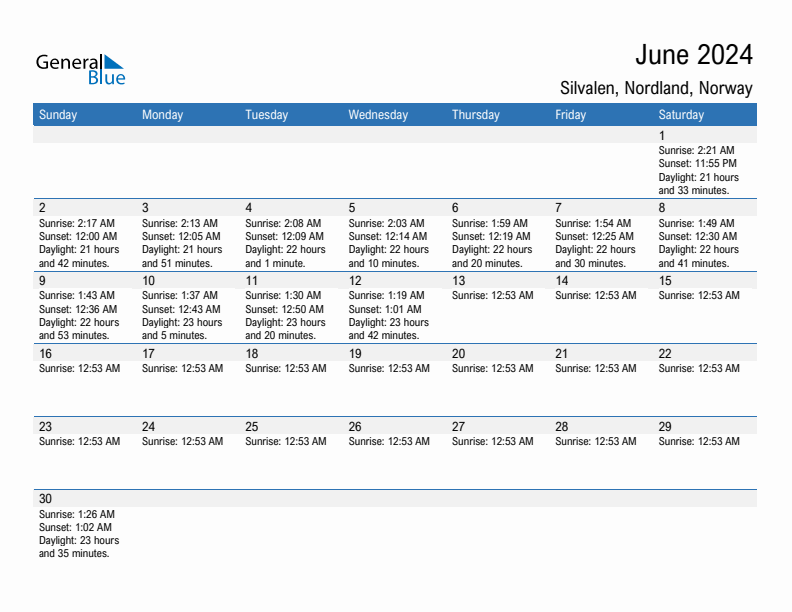 Silvalen June 2024 sunrise and sunset calendar in PDF, Excel, and Word