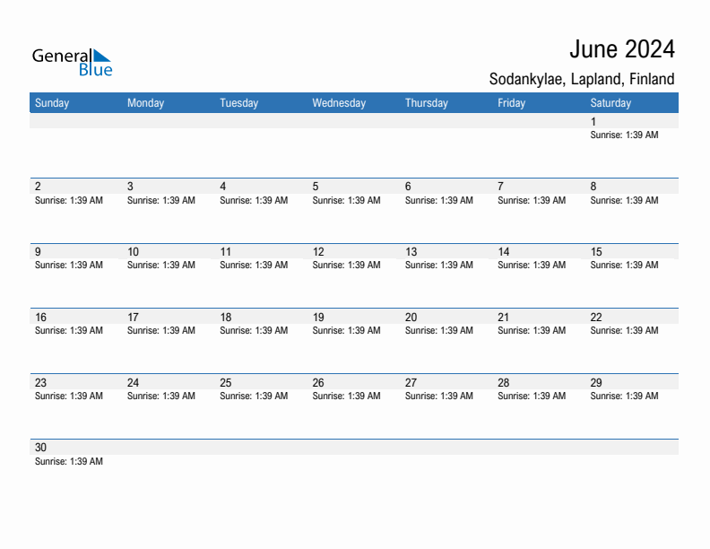 Sodankylae June 2024 sunrise and sunset calendar in PDF, Excel, and Word