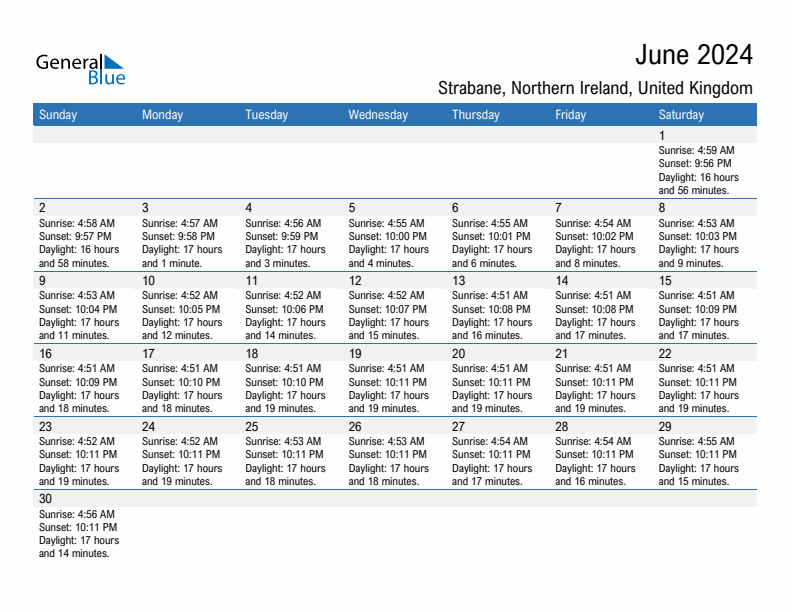 Strabane June 2024 sunrise and sunset calendar in PDF, Excel, and Word