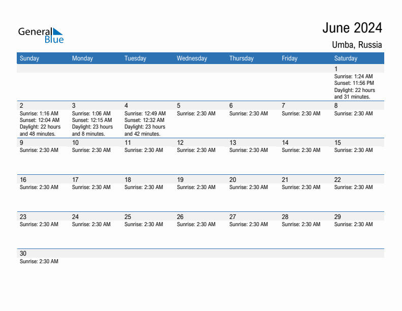 Umba June 2024 sunrise and sunset calendar in PDF, Excel, and Word