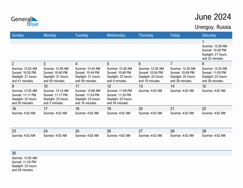 Urengoy June 2024 sunrise and sunset calendar in PDF, Excel, and Word