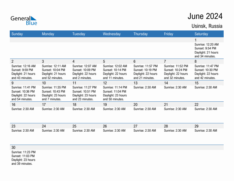 Usinsk June 2024 sunrise and sunset calendar in PDF, Excel, and Word