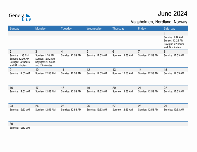 Vagaholmen June 2024 sunrise and sunset calendar in PDF, Excel, and Word