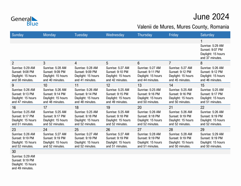 Valenii de Mures June 2024 sunrise and sunset calendar in PDF, Excel, and Word