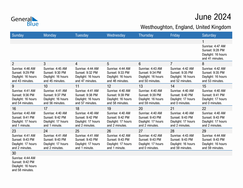 Westhoughton June 2024 sunrise and sunset calendar in PDF, Excel, and Word