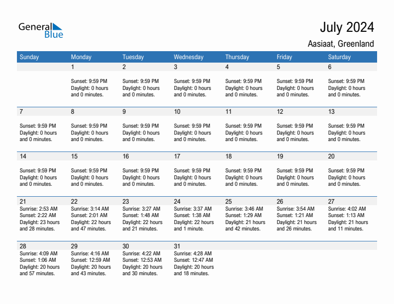 Aasiaat July 2024 sunrise and sunset calendar in PDF, Excel, and Word