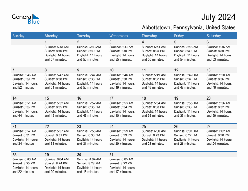 Abbottstown July 2024 sunrise and sunset calendar in PDF, Excel, and Word