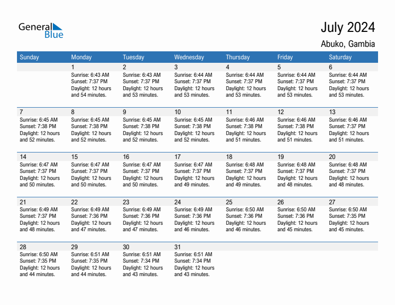 Abuko July 2024 sunrise and sunset calendar in PDF, Excel, and Word