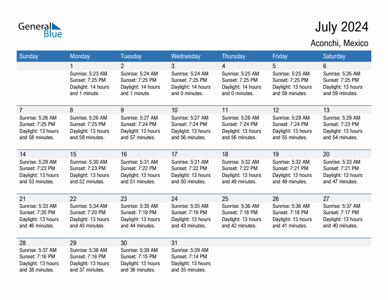 Aconchi July 2024 sunrise and sunset calendar in PDF, Excel, and Word