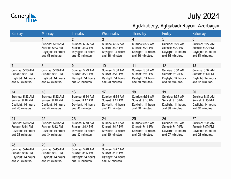 Agdzhabedy July 2024 sunrise and sunset calendar in PDF, Excel, and Word