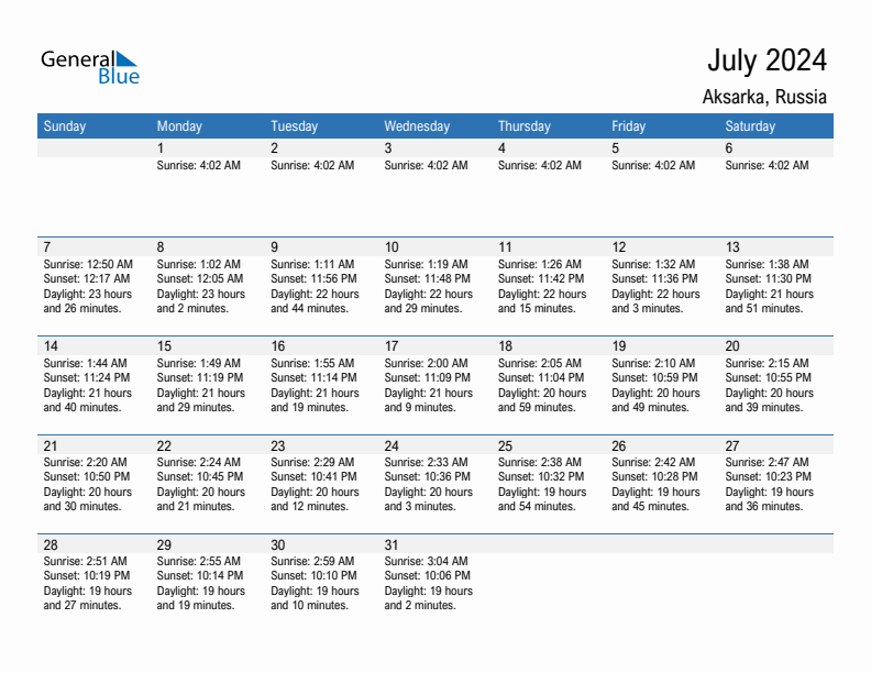 Aksarka July 2024 sunrise and sunset calendar in PDF, Excel, and Word