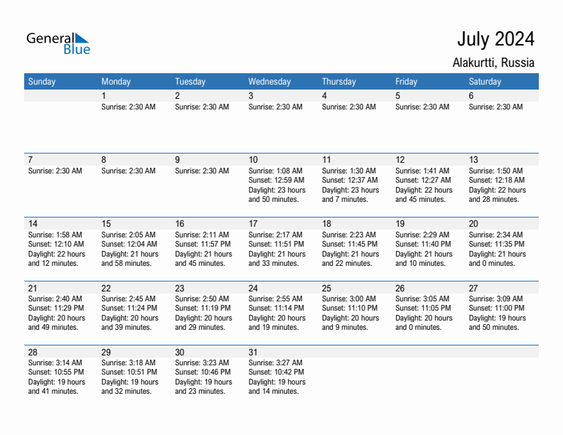 Alakurtti July 2024 sunrise and sunset calendar in PDF, Excel, and Word