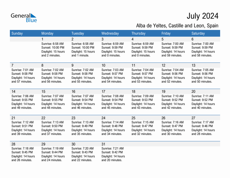 Alba de Yeltes July 2024 sunrise and sunset calendar in PDF, Excel, and Word