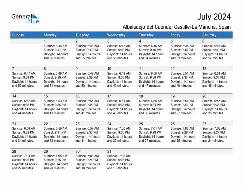 Albaladejo del Cuende July 2024 sunrise and sunset calendar in PDF, Excel, and Word