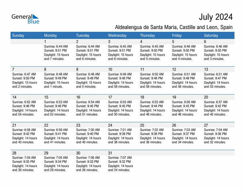 Aldealengua de Santa Maria July 2024 sunrise and sunset calendar in PDF, Excel, and Word