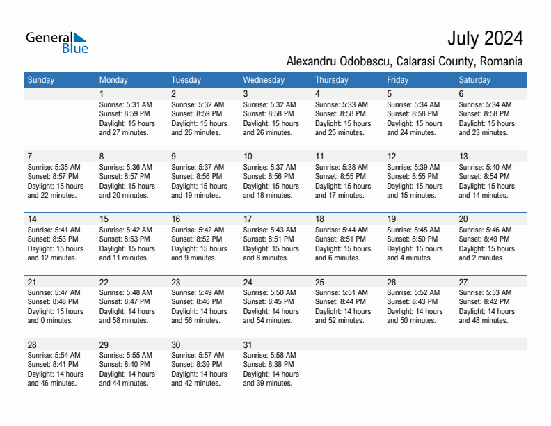 Alexandru Odobescu July 2024 sunrise and sunset calendar in PDF, Excel, and Word