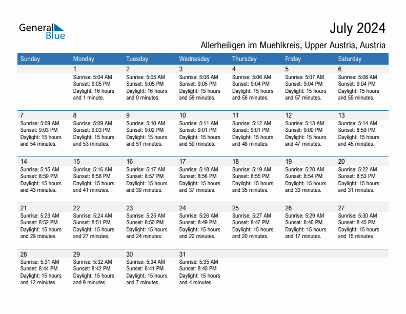 Allerheiligen im Muehlkreis July 2024 sunrise and sunset calendar in PDF, Excel, and Word