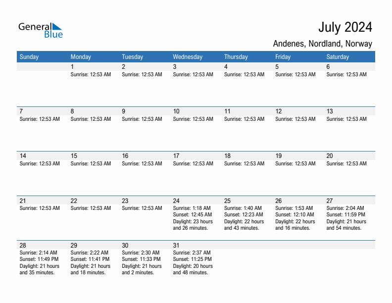 Andenes July 2024 sunrise and sunset calendar in PDF, Excel, and Word