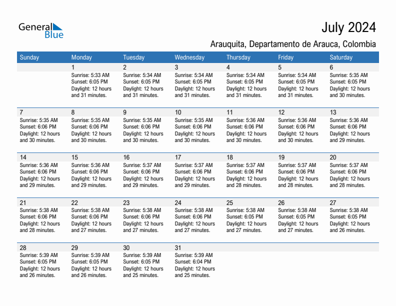 Arauquita July 2024 sunrise and sunset calendar in PDF, Excel, and Word