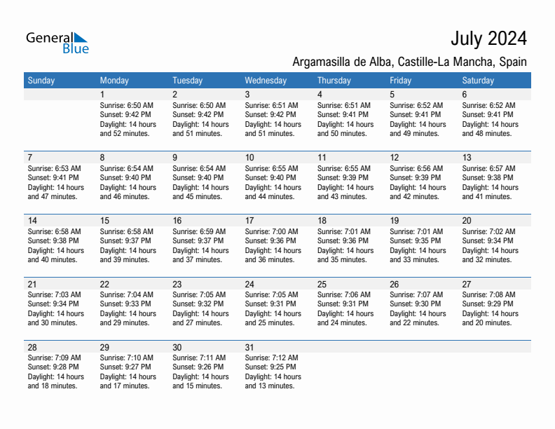 Argamasilla de Alba July 2024 sunrise and sunset calendar in PDF, Excel, and Word