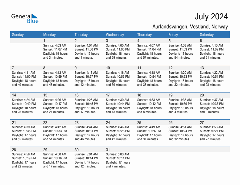 Aurlandsvangen July 2024 sunrise and sunset calendar in PDF, Excel, and Word