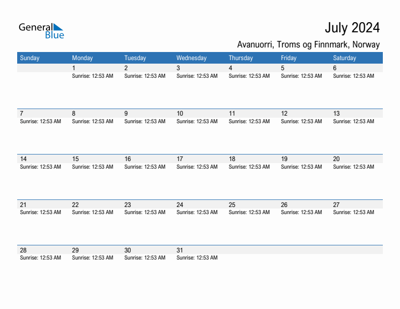 Avanuorri July 2024 sunrise and sunset calendar in PDF, Excel, and Word