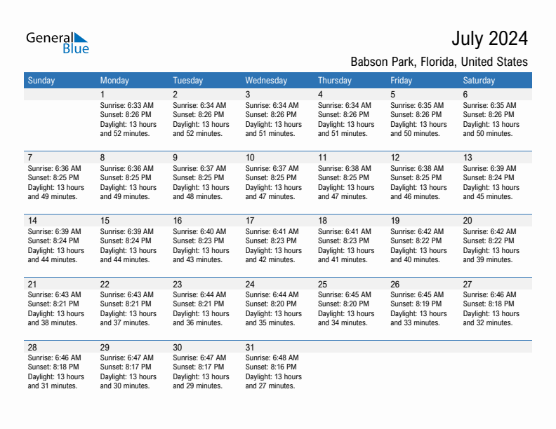 Babson Park July 2024 sunrise and sunset calendar in PDF, Excel, and Word