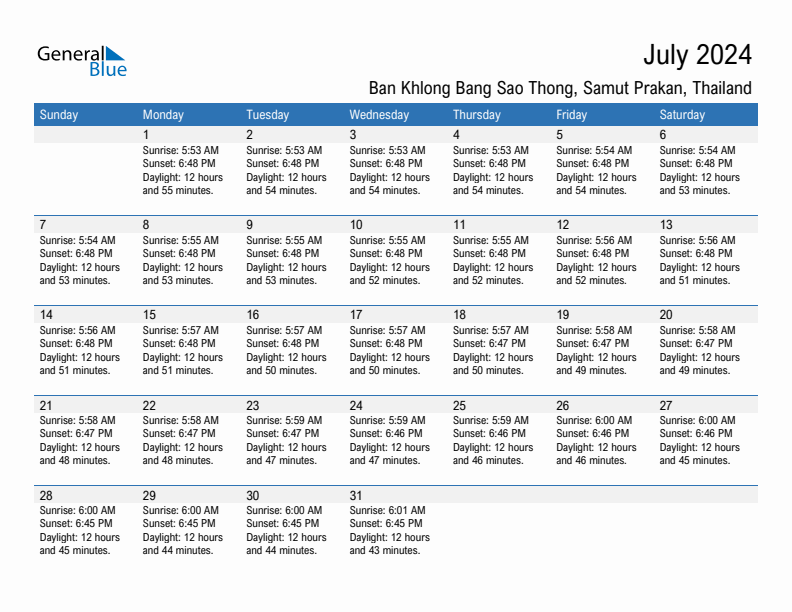 Ban Khlong Bang Sao Thong July 2024 sunrise and sunset calendar in PDF, Excel, and Word