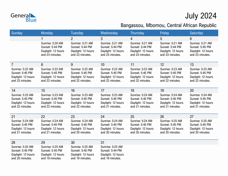 Bangassou July 2024 sunrise and sunset calendar in PDF, Excel, and Word