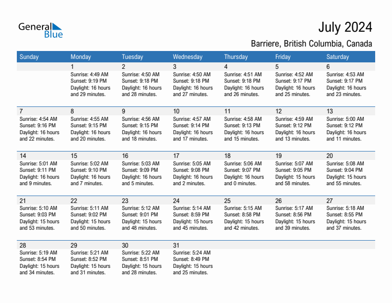 Barriere July 2024 sunrise and sunset calendar in PDF, Excel, and Word