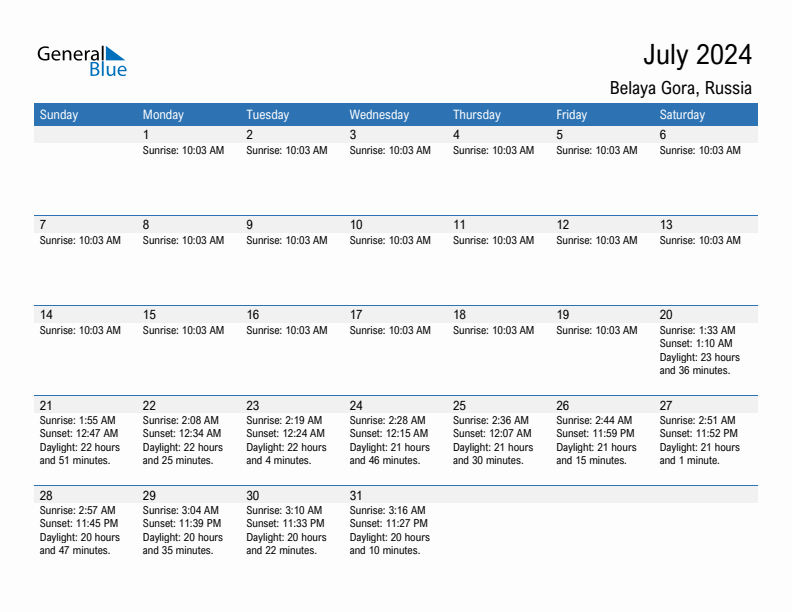 Belaya Gora July 2024 sunrise and sunset calendar in PDF, Excel, and Word