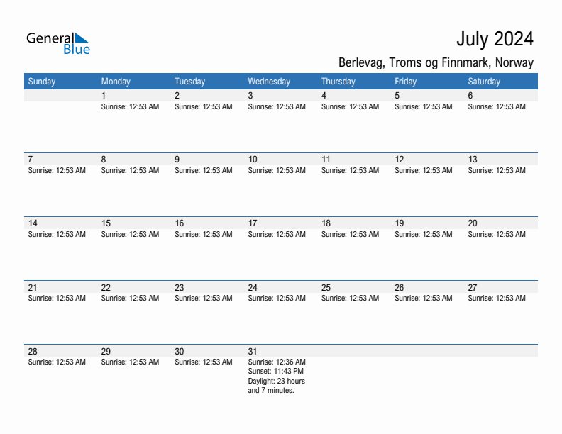 Berlevag July 2024 sunrise and sunset calendar in PDF, Excel, and Word