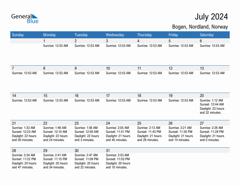 Bogen July 2024 sunrise and sunset calendar in PDF, Excel, and Word