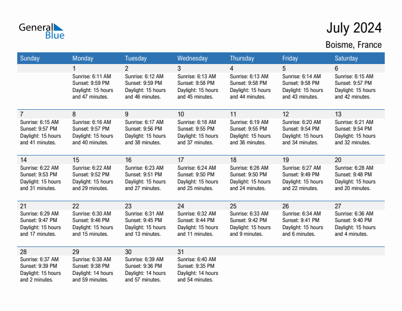 Boisme July 2024 sunrise and sunset calendar in PDF, Excel, and Word