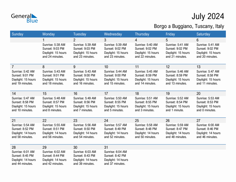 Borgo a Buggiano July 2024 sunrise and sunset calendar in PDF, Excel, and Word