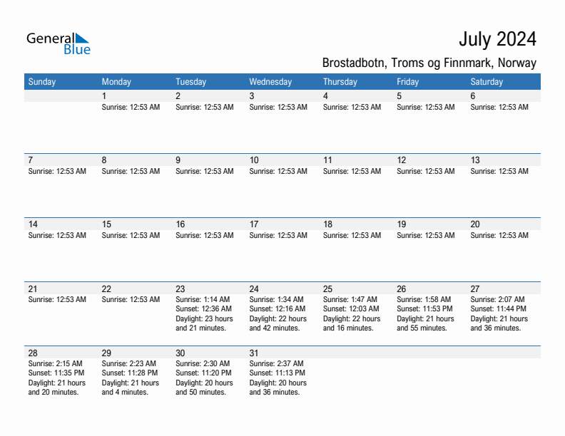 Brostadbotn July 2024 sunrise and sunset calendar in PDF, Excel, and Word