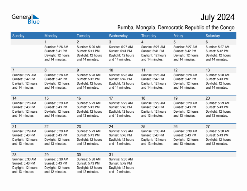 Bumba July 2024 sunrise and sunset calendar in PDF, Excel, and Word