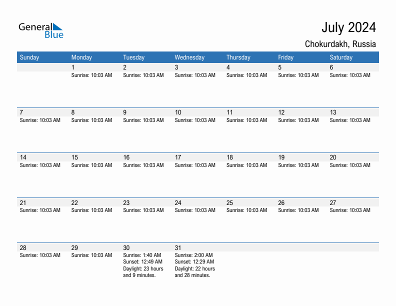 Chokurdakh July 2024 sunrise and sunset calendar in PDF, Excel, and Word