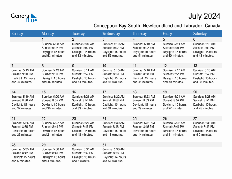 Conception Bay South July 2024 sunrise and sunset calendar in PDF, Excel, and Word