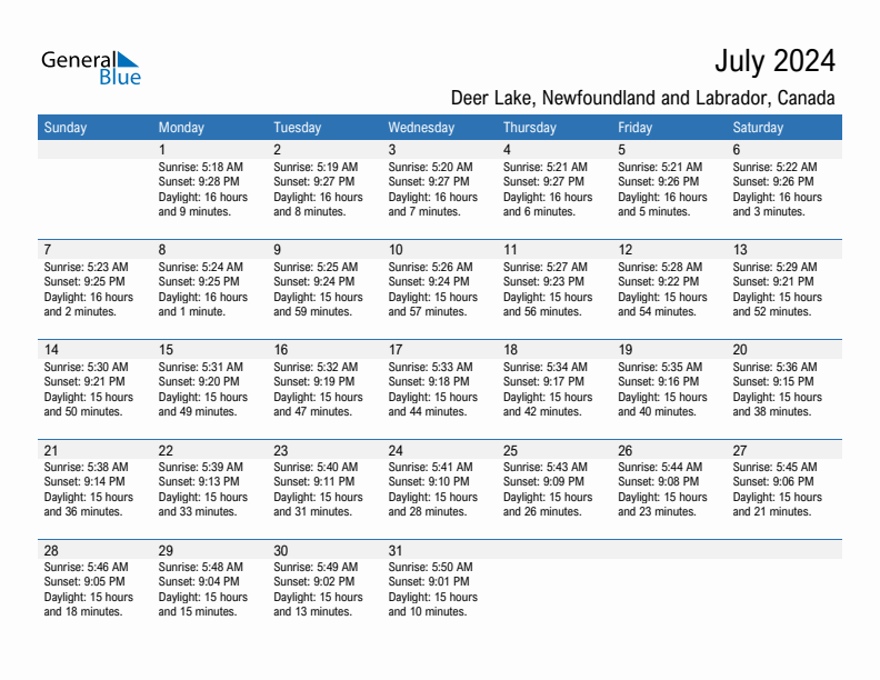 Deer Lake July 2024 sunrise and sunset calendar in PDF, Excel, and Word