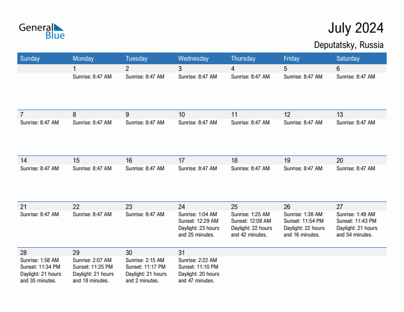 Deputatsky July 2024 sunrise and sunset calendar in PDF, Excel, and Word