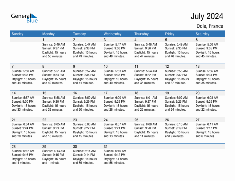 Dole July 2024 sunrise and sunset calendar in PDF, Excel, and Word