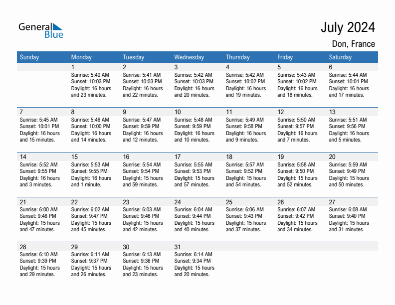 Don July 2024 sunrise and sunset calendar in PDF, Excel, and Word