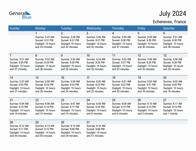 Echenevex July 2024 sunrise and sunset calendar in PDF, Excel, and Word