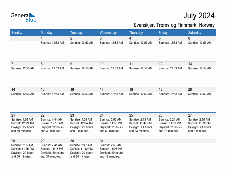 Evenskjer July 2024 sunrise and sunset calendar in PDF, Excel, and Word